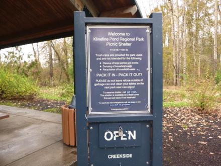 Sign at shelter &ndash; reservations 
(360) 397-2285 &ndash; shelter is available, if not used, on first served basis &ndash; garbage can
